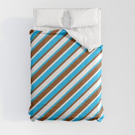[ Thumbnail: Deep Sky Blue, Brown, and White Colored Lines Pattern Comforter ]