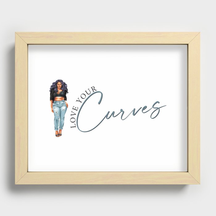 Love Your Curves Body Positivity Design - Curvy Girl Purple Hair Curved Text Recessed Framed Print