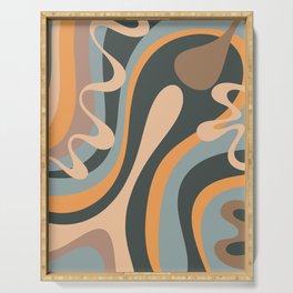 Dopamine Please - Trippy Retro Psychedelic Abstract Pattern in Muted Blue Orange Taupe Serving Tray