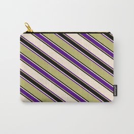 [ Thumbnail: Beige, Indigo, Dark Khaki, and Black Colored Striped/Lined Pattern Carry-All Pouch ]