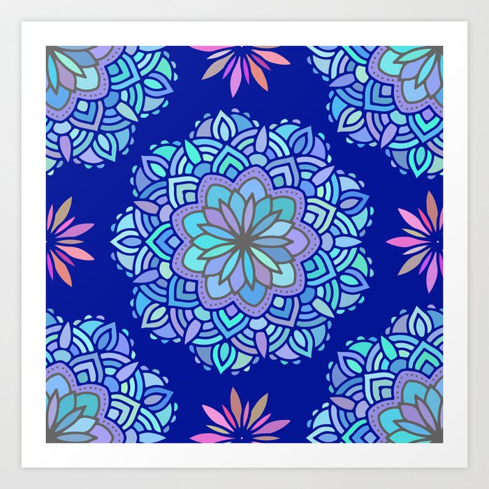Heart Mandala Pattern On Dark Blue Background Art Print By Goldenredeagle