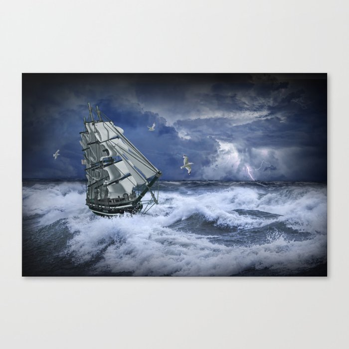Three Masted Ship in a Thunder Storm on the High Seas Canvas Print