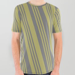 [ Thumbnail: Gray and Dark Khaki Colored Lines Pattern All Over Graphic Tee ]