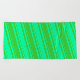 [ Thumbnail: Green and Lime Green Colored Lined Pattern Beach Towel ]