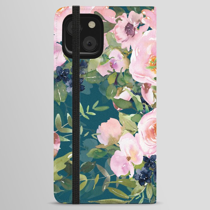 Floral Watercolor Rose Garden, Teal and Pink,  Vintage, Wall Art Boho iPhone Wallet Case