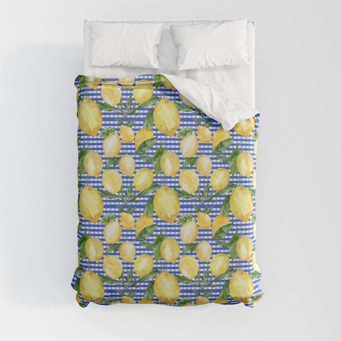 Sunny lemons on blue check pattern Duvet Cover