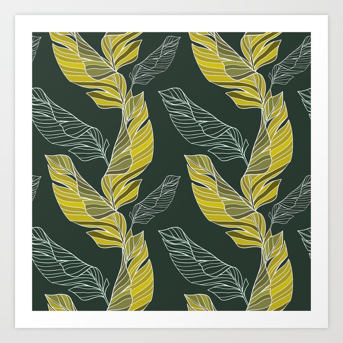 Tropical Golden Leaves - Elegant Botanical Pattern On A Dark Green Backdrop Art Print