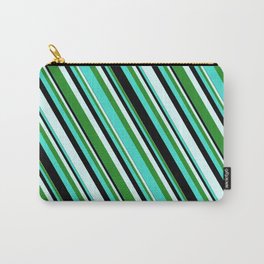 [ Thumbnail: Turquoise, Black, Light Cyan, and Forest Green Colored Stripes Pattern Carry-All Pouch ]