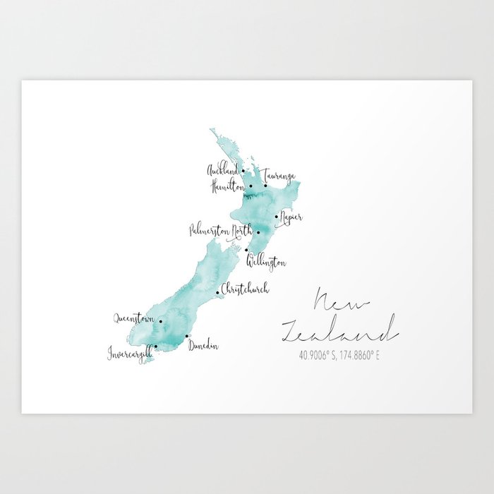 New Zealand Map Print New Zealand Labelled Map // Turquoise Watercolour Art Print by 