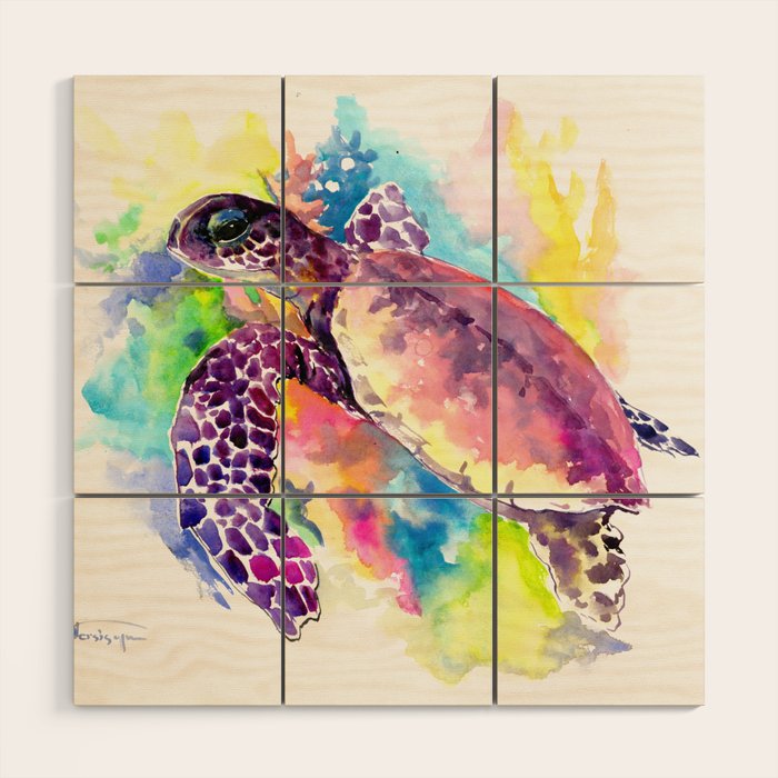 Sea Turtle In Coral Reef Tropical Colors Sea World Purple Yellow Blue Turtle Art Turtle Illustrati Wood Wall Art By Sureart Society6
