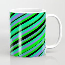 [ Thumbnail: Green, Medium Slate Blue, Lime & Black Colored Stripes/Lines Pattern Coffee Mug ]