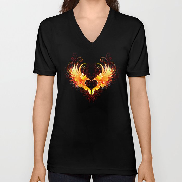 Angel Fire Heart with Wings V Neck T Shirt