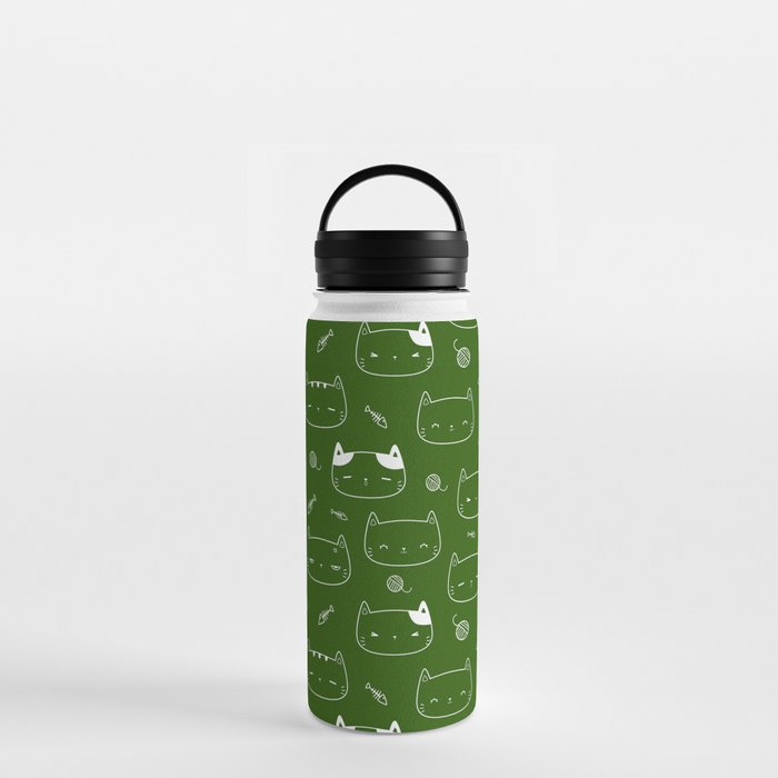 Green and White Doodle Kitten Faces Pattern Water Bottle