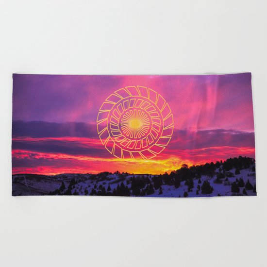 Pink Sunrise Golden Mandala Beach Towel