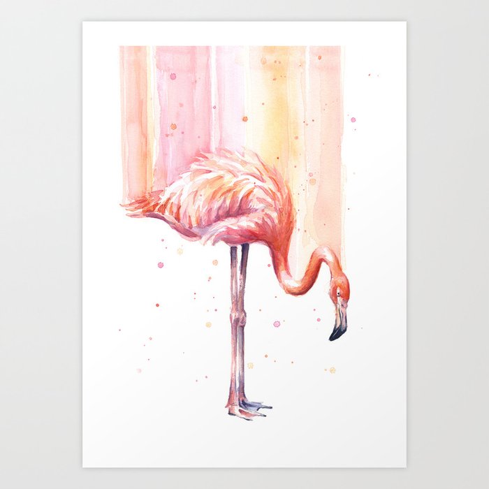 Flamingo Print Wall Art Colored Pencil Drawing Illustration Art