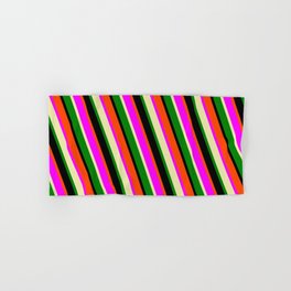 [ Thumbnail: Red, Fuchsia, Pale Goldenrod, Green, and Black Colored Pattern of Stripes Hand & Bath Towel ]