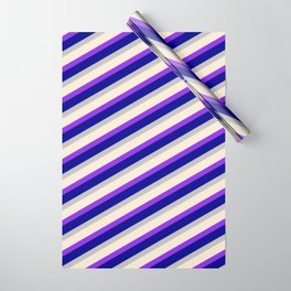 [ Thumbnail: Beige, Purple, Dark Blue & Grey Colored Striped Pattern Wrapping Paper ]