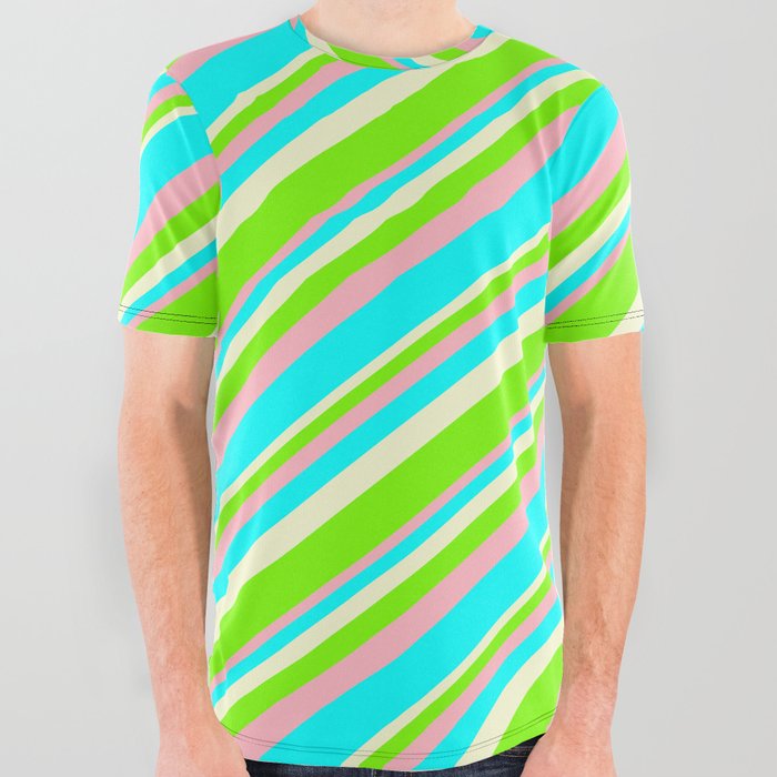 Light Yellow, Green, Light Pink, and Cyan Colored Striped/Lined Pattern All Over Graphic Tee