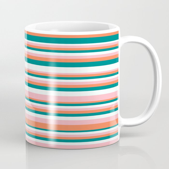 Teal, Mint Cream, Light Pink, and Coral Colored Lines/Stripes Pattern Coffee Mug