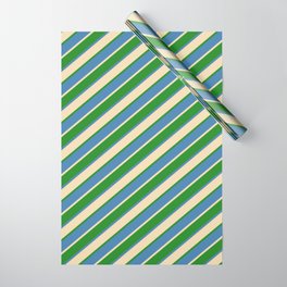 [ Thumbnail: Blue, Tan, and Forest Green Colored Stripes/Lines Pattern Wrapping Paper ]