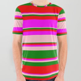 [ Thumbnail: Green, Red, Fuchsia, and Pink Colored Lined/Striped Pattern All Over Graphic Tee ]