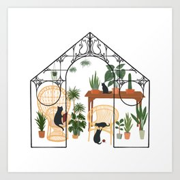 Meow on Chair 2 cat and plant glasshouse Art Print