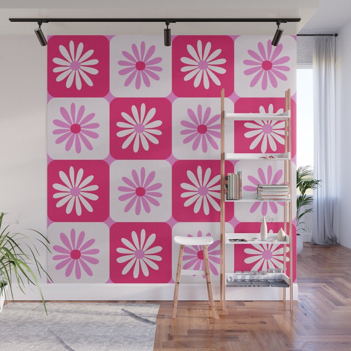 Checkered Daisies – Pink Wall Mural