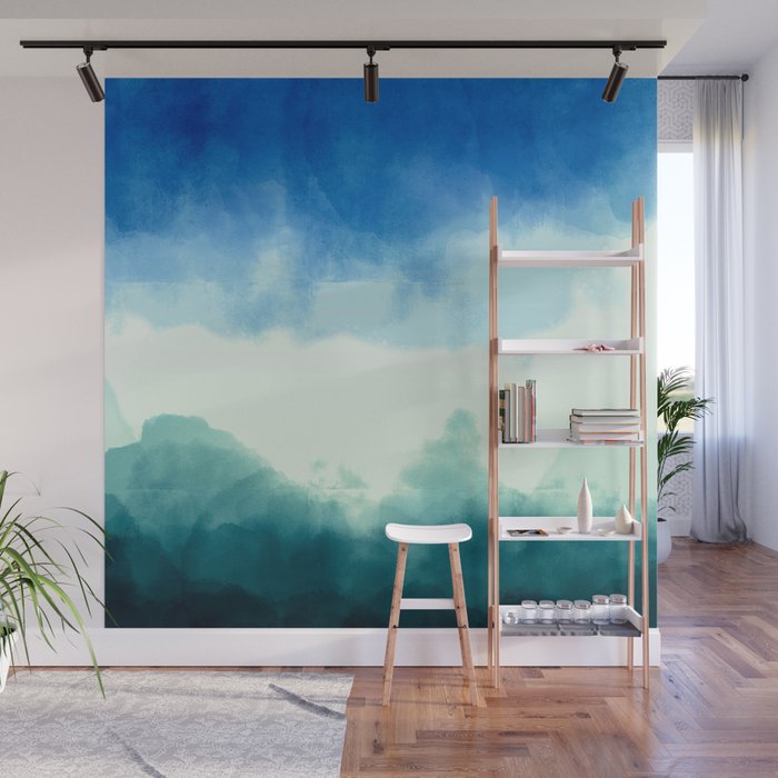 Hand Painted Navy Blue Green Watercolor Ombre Brushstrokes Wall Mural