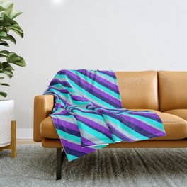 [ Thumbnail: Midnight Blue, Aqua, Light Blue, and Purple Colored Lined/Striped Pattern Throw Blanket ]