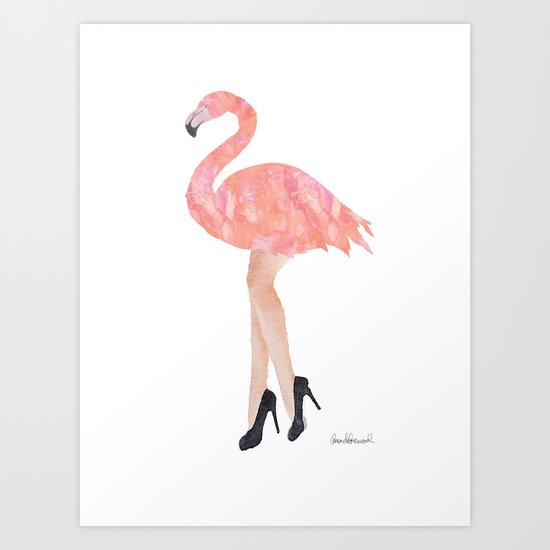 Pink Flamingo With Legs And High Heels Watercolor Art Print By