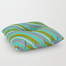 [ Thumbnail: Green, Cyan, Light Slate Gray & Light Blue Colored Stripes Pattern Floor Pillow ]