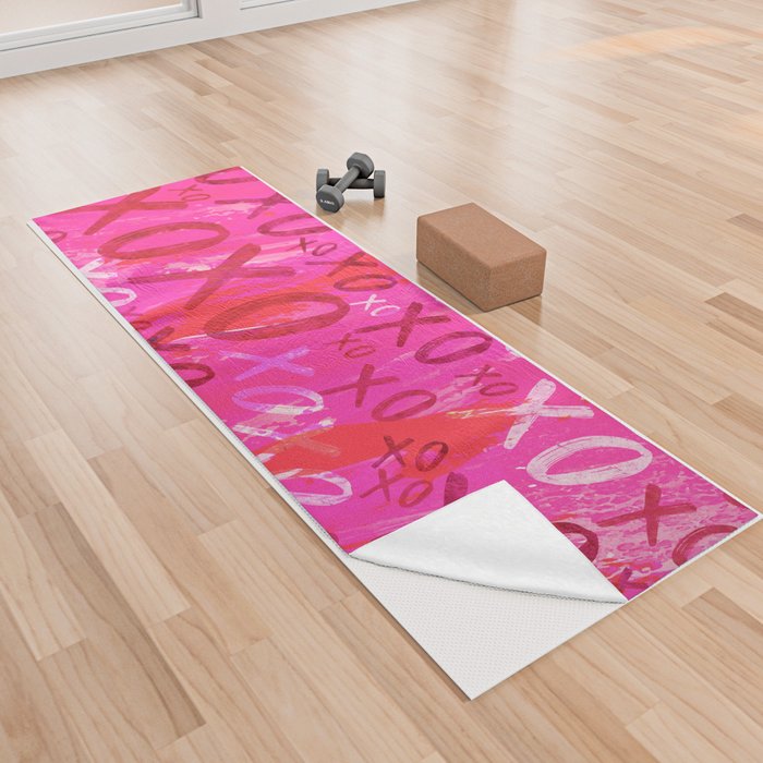 Preppy Room Decor - XOXO Watercolor Collage on Pink Yoga Towel