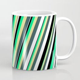 [ Thumbnail: Vibrant Green, Tan, Dark Slate Gray, White, and Black Colored Striped/Lined Pattern Coffee Mug ]