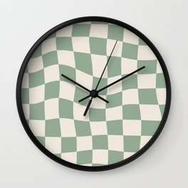 Sage Green Wavy Checkered Pattern Wall Clock