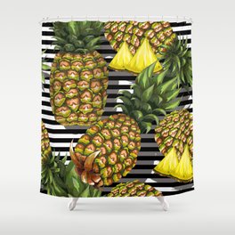 Summer seamless pattern with handdrawn pineapple on striped back Shower Curtain