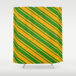 [ Thumbnail: Orange and Forest Green Colored Lines Pattern Shower Curtain ]