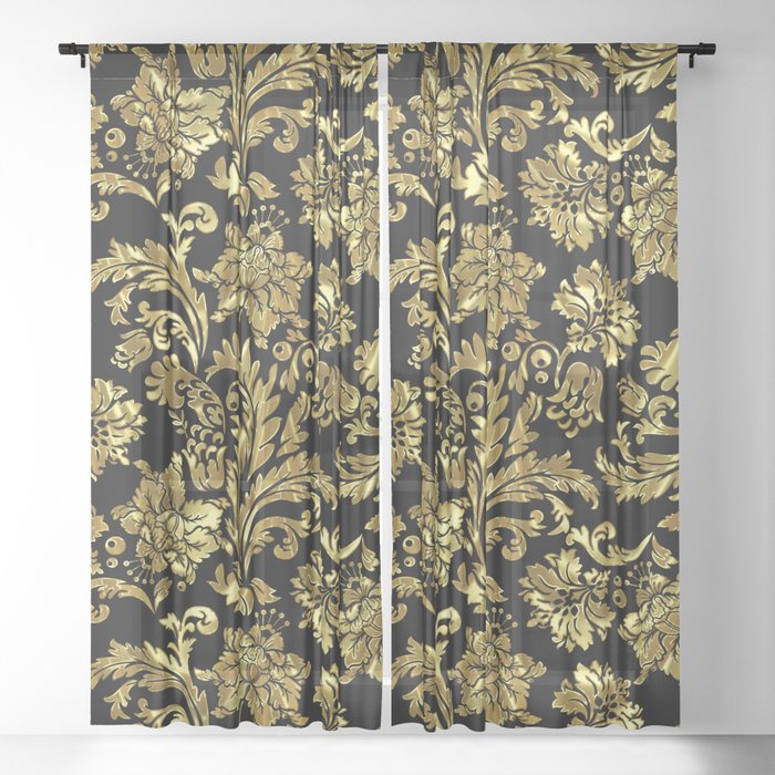 Black Shiny Gold Vintage Floral Damasks Sheer Curtain By
