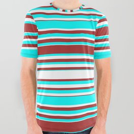 [ Thumbnail: Cyan, White, and Brown Colored Lines/Stripes Pattern All Over Graphic Tee ]