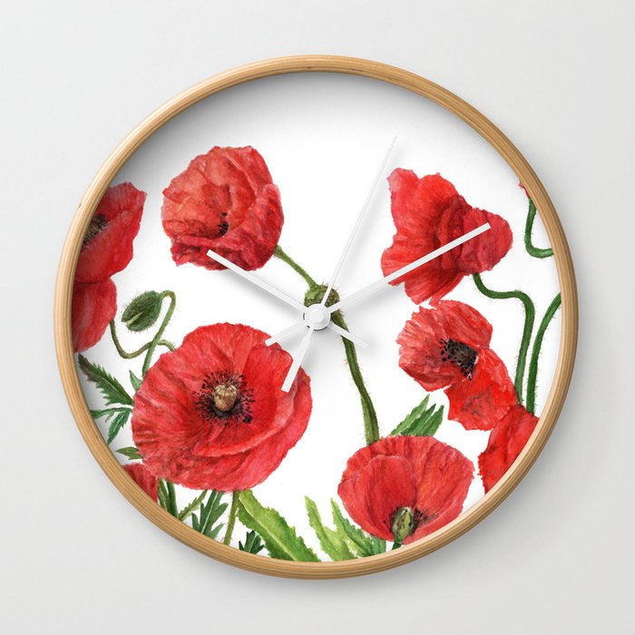 Watercolor Painting_ Red Poppy Flowers Wall Clock