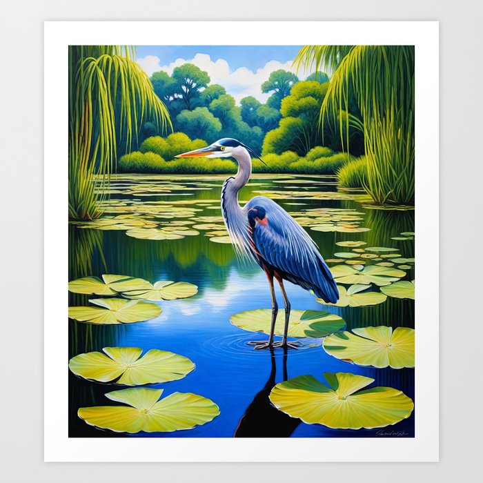 Great Blue Heron Lotus Pond Art Print
