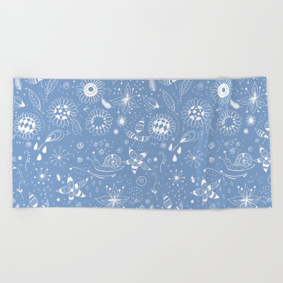 White doodle flowers pattern on blue Beach Towel