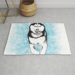 Siberian Husky Rug | Northern, Pet, Cute, Running, Happy, Snow, Digital, Watercolor, White, Sleddog 