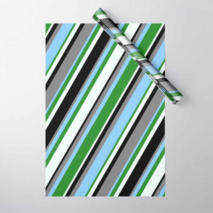 Gray, Light Sky Blue, Forest Green, Mint Cream & Black Colored Striped Pattern Wrapping Paper