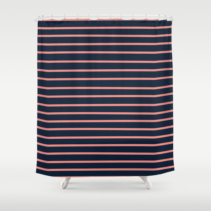 Navy and Coral Stripes Shower Curtain