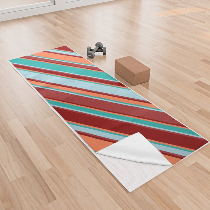 Light Sea Green, Light Blue, Brown, Dark Red & Coral Colored Stripes/Lines Pattern Yoga Towel