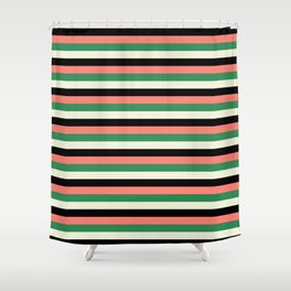 [ Thumbnail: Salmon, Sea Green, Beige, and Black Colored Lines/Stripes Pattern Shower Curtain ]
