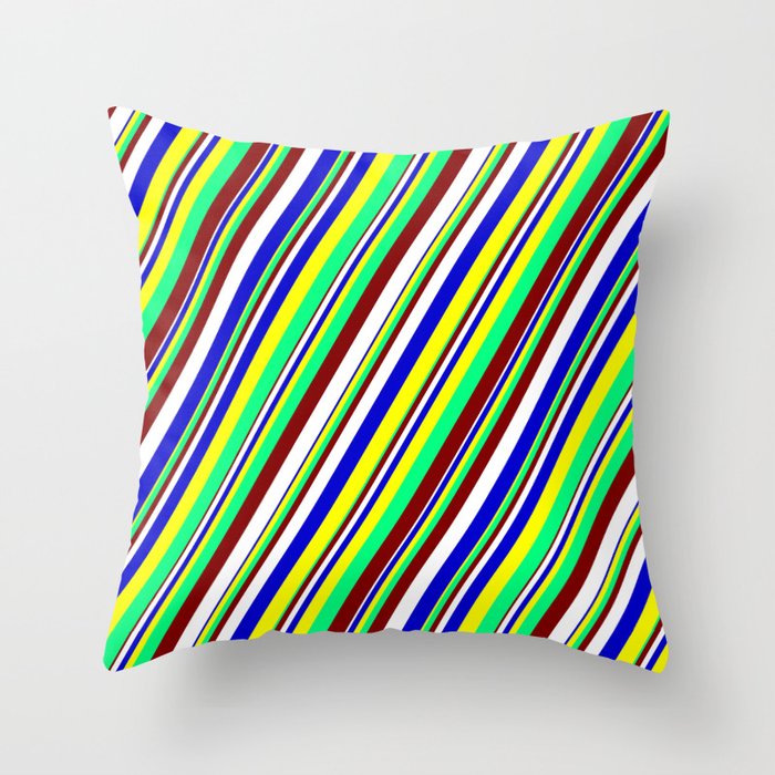 Maroon, White, Blue, Yellow & Green Colored Striped Pattern Throw Pillow