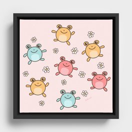Cute Happy Jumping Frogs, Fun Frog Pattern for Kids Framed Canvas