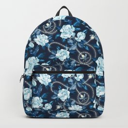 Midnight Sparkles - Gardenias and Fireflies in Sapphire Blue Backpack | White, Firefly, Collage, Fireflies, Cute, Flower, Leaves, Watercolor, Garden, Midnight 