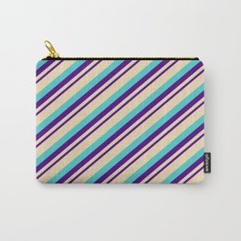 [ Thumbnail: Indigo, Tan, and Turquoise Colored Striped/Lined Pattern Carry-All Pouch ]